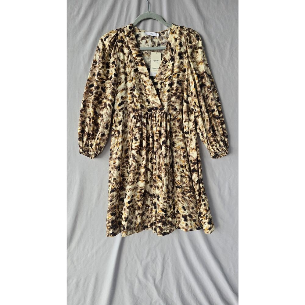 Mango Dress Womens Medium Brown Animal Print V Neck Fit & Flare 3/4 Sleeve Mini